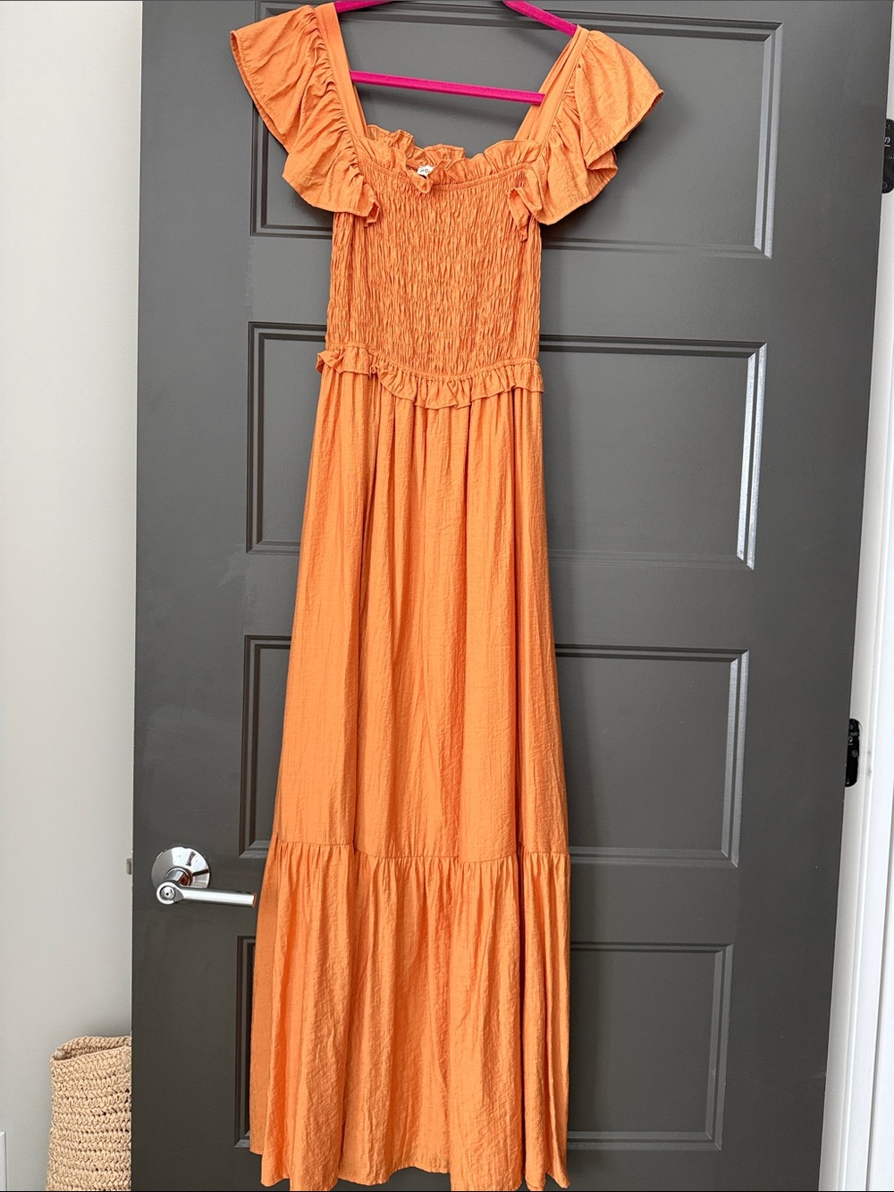 Moon River, Orange Ruffle-Sleeve Maxi Dress